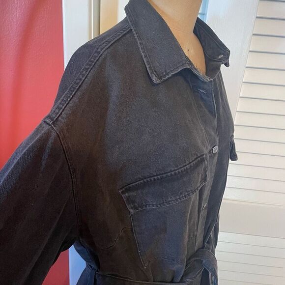 H&M DENIM | black belted denim oversized button down dress L - Picture 4 of 11